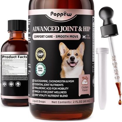 Joint Supplement for Dogs - 10 in 1 Hip and Joint Supplement Drops with Hyaluronic Acid, Liquid Glucosamine for Dogs with Chondroitin, MSM & Omega 3-2 FL.Oz - for All Breeds & Sizes
