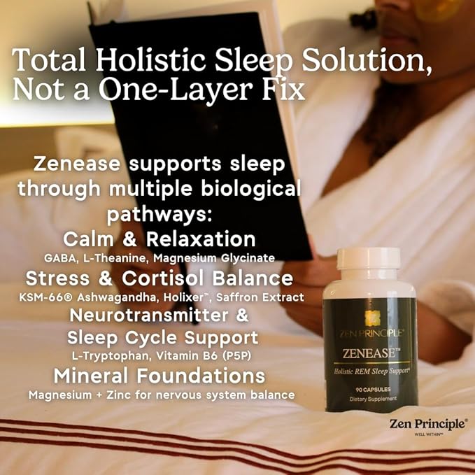 Zen Principle Zenease Sleep Support with Magnesium Glycinate, Ashwagandha KSM-66®, Saffron, L-Theanine & GABA – No Melatonin, Natural Stress Relief & Sleep Aid. 90 Capsules