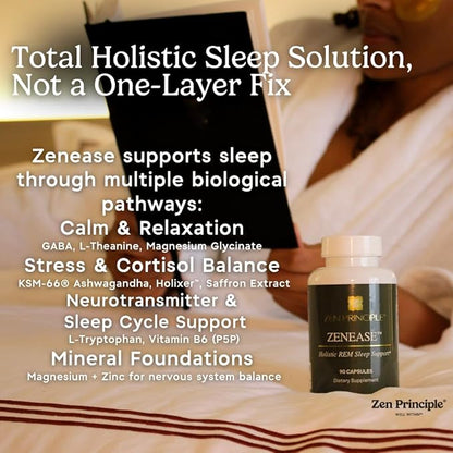 Zen Principle Zenease Sleep Support with Magnesium Glycinate, Ashwagandha KSM-66®, Saffron, L-Theanine & GABA – No Melatonin, Natural Stress Relief & Sleep Aid. 180 Capsules