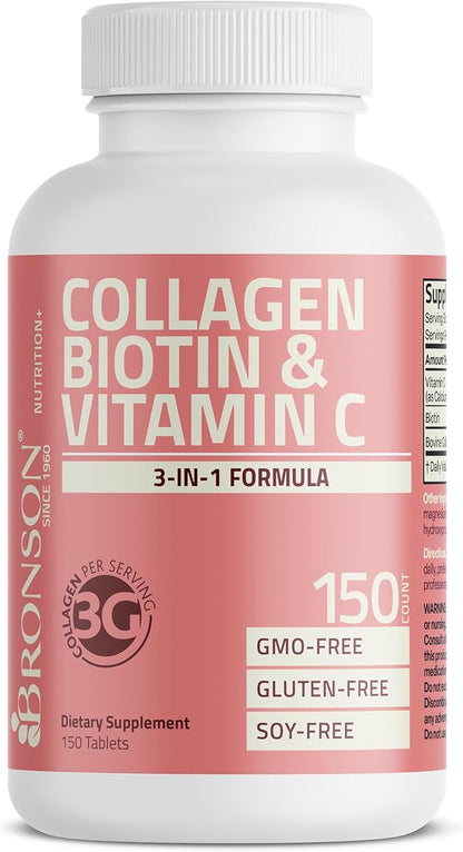 Bronson Collagen Peptides 3000mg (per Serving) with Biotin & Vitamin C - for Hair, Skin & Nails Support, Non-GMO, 150 Tablets