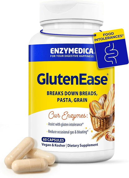Enzymedica GlutenEase, Advanced Digestive Enzymes for Women and Men, Fast-Acting Formula for Bloating Relief & Digestive Health, Helps Break Down Gluten & Casein, 60 Capsules FFP