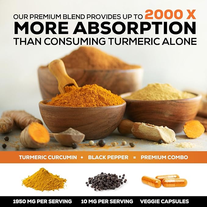 Turmeric Curcumin Supplement - 95% Curcuminoids with Organic Turmeric & BioPerine Black Pepper for Best Absorption - Daily Joint & Immune Health Support, Vegan, Non-GMO, Bottled in USA - 120 Capsules