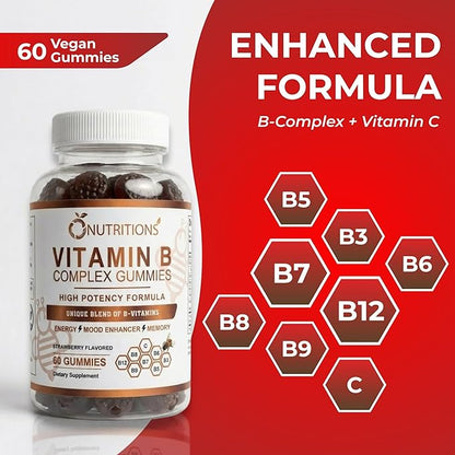 O NUTRITIONS Vitamin B Complex Gummies for Women & Men – High Potency B12 (833% DV) & Biotin – Energy, Mood & Metabolism Support – Vegan Strawberry Gummy Vitamins – 60 Gummies, 2-Month Supply