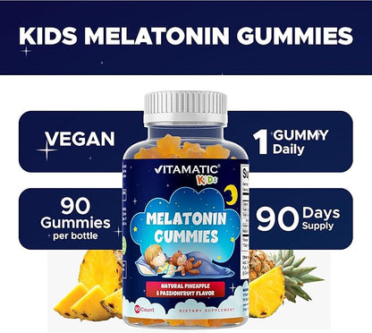 Vitamatic Sugar Free Kids Melatonin 1mg, 90 Gummies, Pineapple & passionfruit Flavored Gummies, 90 Days Supply (Pack of 2)