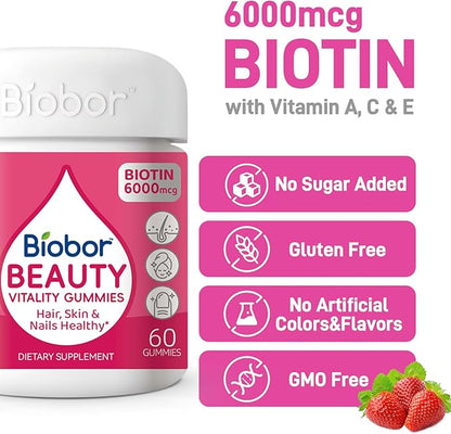 Biobor Beauty Gummies, Natural 6000mcg Biotin Gummies for Women Men, No Sugar Added Hair Skin and Nails with Vitamins A C E, GMO Free, Gluten Free,120 Count