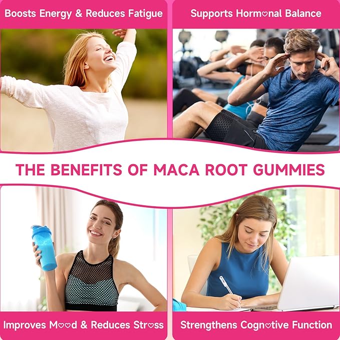 Maca Root Gummies for Women & Men, Organic Maca Root Supplement with Ashwagandha for Energy & Strength Support, Sugar-Free/Vegan/Non-GMO, Strawberry Flavor 60 Count