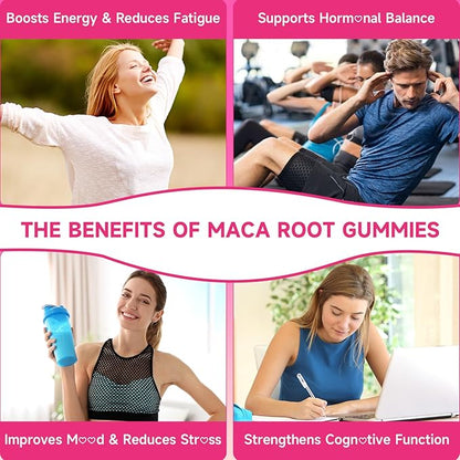 Maca Root Gummies for Women & Men, Organic Maca Root Supplement with Ashwagandha for Energy & Strength Support, Sugar-Free/Vegan/Non-GMO, Strawberry Flavor 120 Count