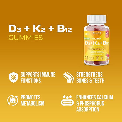 SUKU Vitamins Vegan D3 + K2 + B12 Sugar-Free & Sugar-Alcohol-Free Keto 2000IU Vitamin D Gummy Supplement for Healthy Bones, Immune Function, Healthy Metabolism, Lemon Dragon Fruit Flavor (50 Gummies)