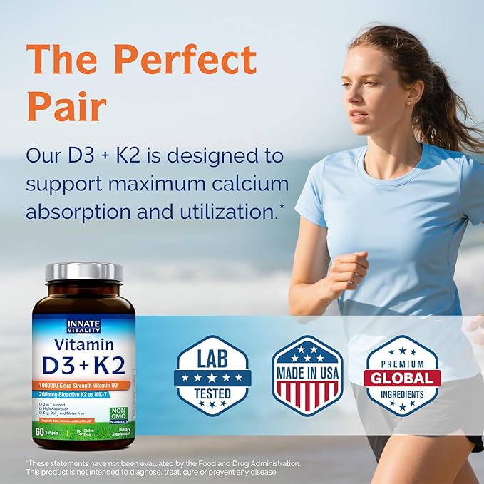Innate Vitality Vitamin D3 K2 Supplement, High Potency Vitamin D3 10000 IU & Vitamin K2 (MK-7) 200 mcg, Supports Bone, Teeth, Heart & Immune Health, Non-GMO, Gluten Free, 60 Softgels