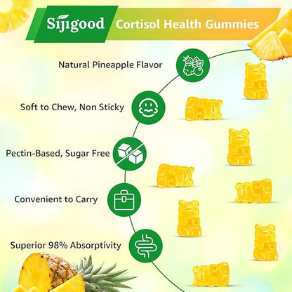 Cortisol Gummies - Cortisol Supplements for Women & Men with Ashwagandha, Magnesium, L-theanine for Cortisol Balance, Support Relaxation, Energy, Zzz, Pineapple Flavor, 60Ct