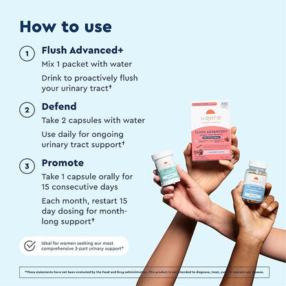 Uqora Flush Advanced+ Regimen with Flush Advanced+ - Cranberry to Reduce Risk of Recurrent UTI** - Defend & Promote - D-Mannose, Vitamin C, Green Tea Extract & Probiotics - 3-Part Bundle