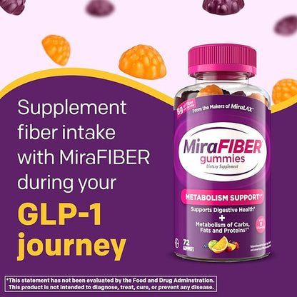 MiraFIBER Gummies from The Makers of MiraLAX, 8g of Daily Fiber Per Serving, Metabolism Support with B Vitamins, Gut Health for Men & Women,Prebiotic Fiber Gummies for Adults, Mixed Fruit Flavor 72Ct