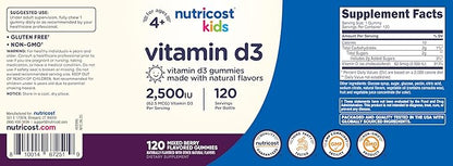 Nutricost Kids Vitamin D3 Gummies 2,500 IU (62.5mcg), 120 Gummies - Mixed Berry Flavored