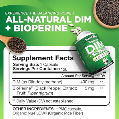 Nutrivein Premium DIM Supplement 400 mg Daily - 120 Servings (120 Capsules): Diindolylmethane for Women and Men - Plus Bioperine - Estrogen Supplement - Menopause and Middle Age Support