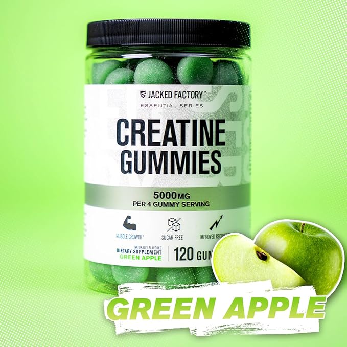 Jacked Factory Sugar Free Creatine Gummies - 5g Daily Dose (1.25g per Gummy) - Creatine Gummy Sugar Free for Men and Women, Vegan-Friendly, Third-Party Tested - 120 Gummies, Green Apple