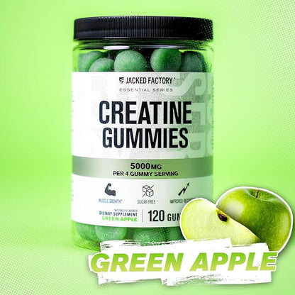 Jacked Factory Sugar Free Creatine Gummies - 5g Daily Dose (1.25g per Gummy) - Creatine Gummy Sugar Free for Men and Women, Vegan-Friendly, Third-Party Tested - 120 Gummies, Green Apple