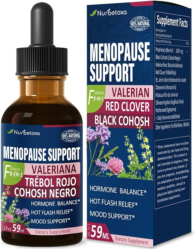 Black Cohosh Liquid Drops for Menopause Hot Flashes, 8-in-1 Herbal Supplements Tincture w/Red Clover, Motherwort Extract for Night Sweats. Cimicifuga & Valeriana para Menopausia. 2oz