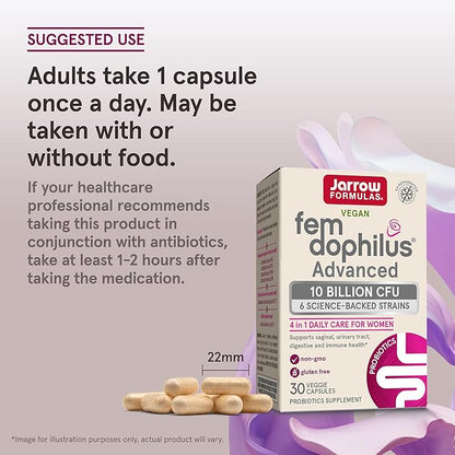Jarrow Formulas Fem-Dophilus Advanced Probiotics 10 Billion CFU with 6 Science-Backed Strains, for Vaginal, Urinary Tract, Digestive, and Immune Support, 30 Veggie Capsules, Shelf-Stable, Pack of 12
