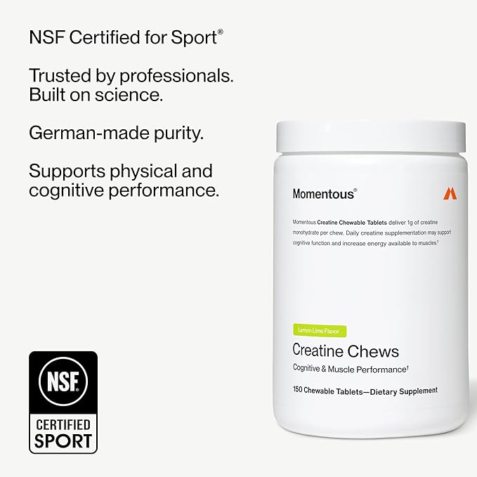 Momentous Creatine Chews - Creatine Monohydrate - Supports Strength, Lean Muscle, & Recovery for Men & Women - NSF Certified for Sport - 150 Chewable Tablets - Lemon Lime