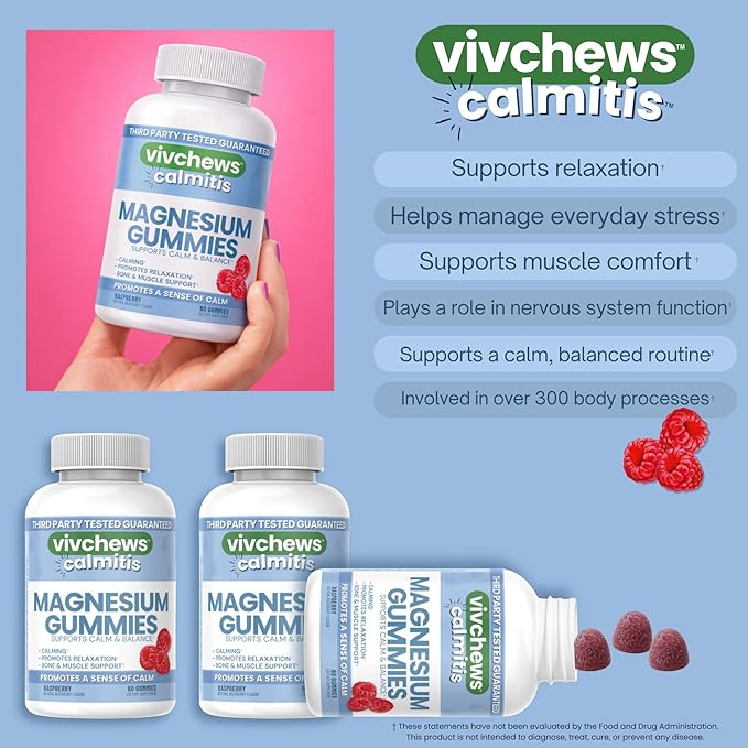 Calmitis Magnesium Gummies – Supports Calm & Balance, Magnesium Citrate, Natural Raspberry Flavor, Fruit Pectin Based, Gelatin-Free, Vegan, No Artificial Colors, Flavors or Sweeteners, 60 ct