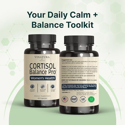 VINATURA Cortisol Supplements for Women - Cortisol Detox and Management - Adrenal Support, Stress Support, 60 Vegan Capsules