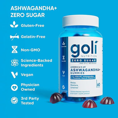Goli Zero Sugar Ashwagandha Gummies with KSM-66, L-Theanine, Maca and Vitamin D - No Sugar Alcohols - Vegan, Keto-Friendly, Non-GMO