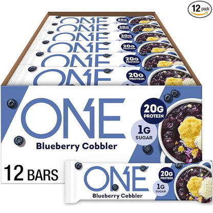 ONE Protein Bars, Blueberry Cobbler, Gluten Free with 20g Protein and 1g Sugar, Pantry Staples, 2.12 oz (12 Count)