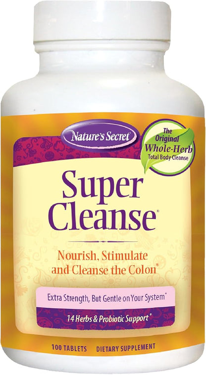Nature’s Secret Super Cleanse - Extra Strength Colon Cleanse with 14 Herbs & Probiotic Support - Promotes Gut Health Detox Cleanse & Digestive Support Gentle Elimination Formula - 100 Tablets (1 Pack)