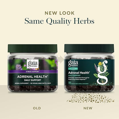Gaia Herbs Adrenal Health Daily Support - Herbal Supplement with Ashwagandha, Holy Basil & Schisandra - Help Maintain Healthy Energy & Stress Levels* - 180 Vegan Liquid Phyto-Caps (90 Servings)