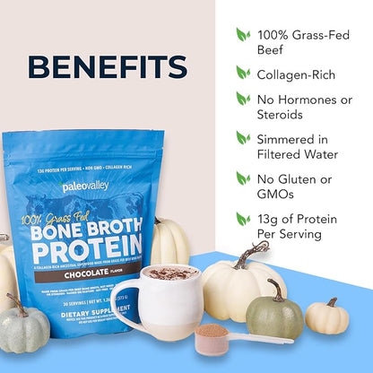 Paleovalley 100% Grass Fed Beef Bone Broth Protein Powder - Rich in Collagen Peptides for Hair, Skin, Gut Health, Bone and Joint Support - 13g Protein Per Serving - No Gluten or GMOs - Chocolate