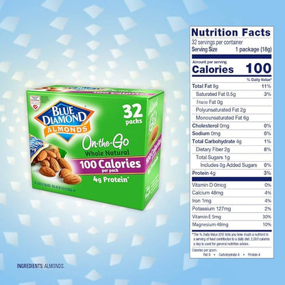 Blue Diamond Almonds Whole Natural Raw Snack Nuts, 100 Calorie Travel Bags, 32 count