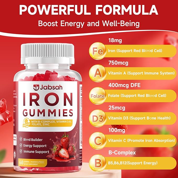Vegan Iron Gummies for Women & Men, Iron Supplement with B-Complex, Vitamin C, A, Folate for Adults & Kids - Blood Builder & Energy Support & Immune Health - Strawberry Flavor, 120 Gummies