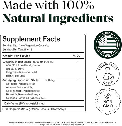 10-in-1 UROLITHIN A 1250mg Liposomal Longevity Complex | w. NAD+, Nicotinamide Riboside & Resveratrol | Mitochondrial Support Promotes Cellular Energy, Anti-Aging & Muscle Recovery