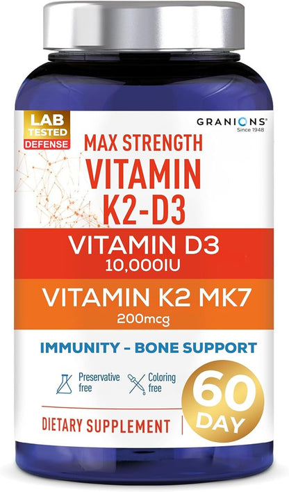 Granions Max Strength Vitamin D3 K2 Supplement - 250mcg (10,000 IU) D3 + 200mcg Vitamin K2 (MK-7) - Vitamins for Bone Health, Immune Support Supplements VIT K2D3-2 Month, 60 Tablets