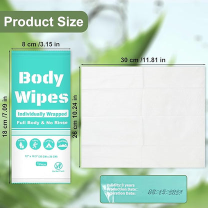Individually Wrapped Body Wipes Bulk Bath Wipe, Women Men Large Adult Disposable Body Shower Wipes No Rinse-Free Bathing Cloths Wipe for Outdoors After Gym Camping Travel (200, Blue, 12 x 10.3 in)