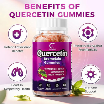 Quercetin Gummies, Quercetin with Bromelain, Vitamin C, Zinc & Elderberry, High Potency Immune Support, Respiratory Health & Antioxidant Supplement for Adult & Kid, Vegan, 60 Gummies (2 Pack)