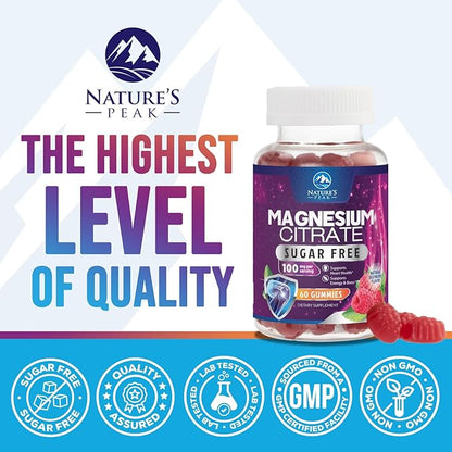 Magnesium Citrate Supplement Gummies Sugar-Free, High Absorption Magnesium Gummy Supplements for Women & Men, Supports Sleep, Heart Health, Bones and Muscles, for Relaxation & Digestion - 60 Gummies