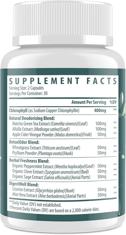 Women's Body Deodorizing Supplement – Chlorophyll Capsules for Body Odor, Fresh Breath & Gut Detox, for Social Confidence – Vegan with Matcha Green Tea, Apple Cider Vinegar