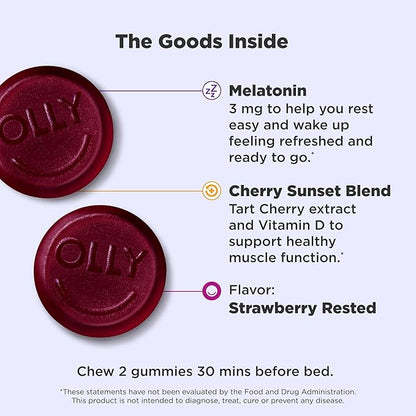 OLLY Muscle Recovery Sleep Gummies,Sleep and Sore Muscle Support,3mg Melatonin,Tart Cherry,Vitamin D,Berry Flavor -,40 Count (Pack of 2)