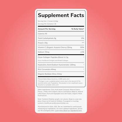 Clean Simple Eats Collagen Powder + Beauty Blend, Cherry Ice Flavor, Hydrolyzed Collagen Peptides from Grass Fed Bovine & Chicken, Hyaluronic Acid for Hair, Skin, Nail & Joint Support, 30 Servings
