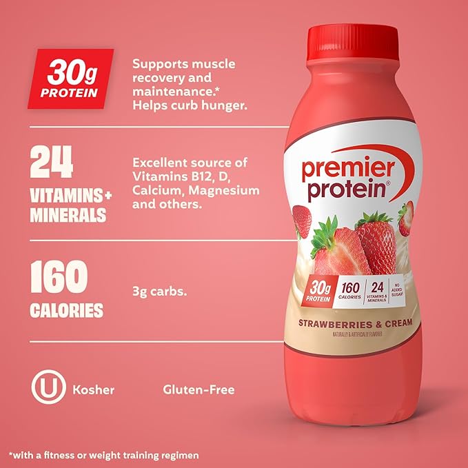 Premier Protein Shake, Strawberries & Cream, 30g Protein, No Added Sugar, 24 Vitamins & Minerals to Support Immune Health, 11.5 fl oz, 12 Pack (Packaging May Vary)