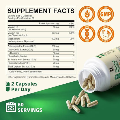 Cortisol Supplements for Women Men, 10-in-1 Cortisol Detox with Ashwagandha, Magnesium, L-Theanine, Balanced Cortisol Levels, Night & Calm Support, 120 Vegan Capsules