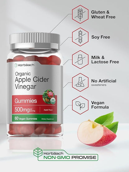 Horbäach Organic Apple Cider Vinegar Gummies | 60 Gummies | Vegan, Non-GMO & Gluten-Free Supplement | USDA Organic ACV | Apple Flavor