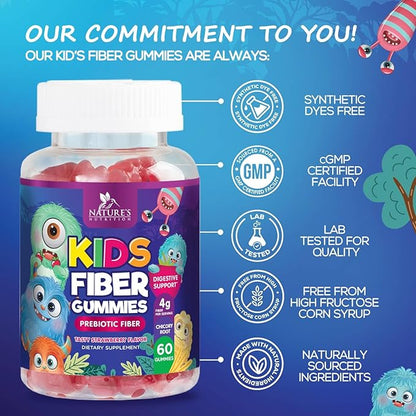 Fiber Gummies for Kids - Dietary Fiber 4g Per Serving - Daily Kids Fiber Gummy Supplement - Soluble Inulin Prebiotic Gummy for Digestive Health Support - Plant-Based Regularity Support - 60 Gummies