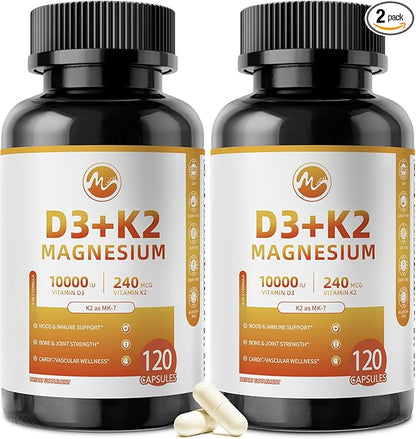 M inch Vitamin D3 K2 with Magnesium, Vitamin D3 10000 IU, Vitamin K2 MK-7 240 mcg, 6-in-1 K2 D3 Vitamin Supplement with Quercetin for Bone, Immune & Moo*d Support, Highly Bioavailable, 2 Packs