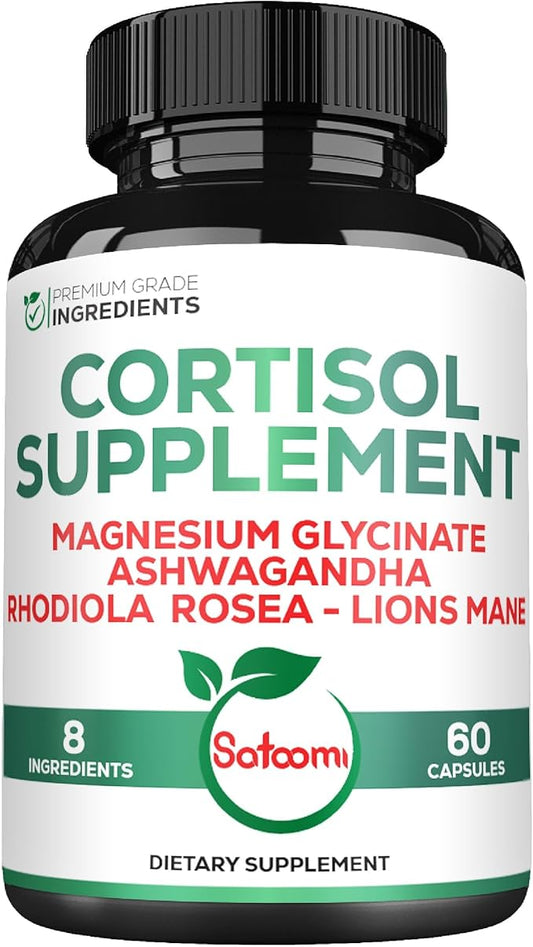 Satoomi 8in1 Cortisol Manager with Magnesium Glycinate, Ashwagandha, Rhodiola Rosea, Lions Mane & More - Cortisol Reducer Supplement Men & Women - 60 Capsules