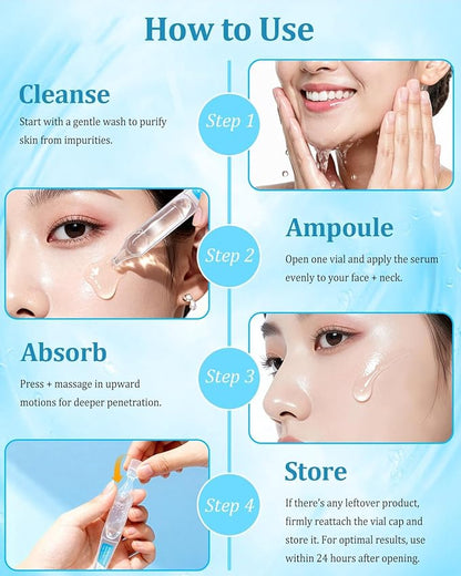 4% Hyaluronic Acid Serum for Face, 8D Hyaluronic Acid Ultra Hydrating Anti-Aging Serum with 20,000ppm Acetyl Hexapeptide-8, Korean Skincare Single-Use Ampoule for Dry & Sensitive Skin, 30pcs