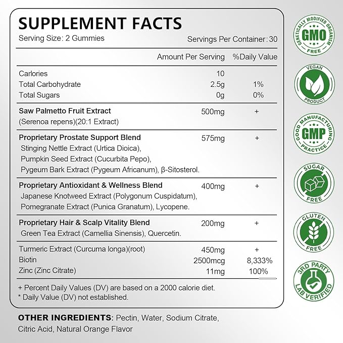 Saw Palmetto for Men Gummies, Extra Strength DHT Blocker for Men, with Pumpkin Seed Oil & Biotin, Support Prostate, Urinary Health & Hair Growth, Hormone Balance, Sugar Free, Vegan, Orange Flav, 60ct