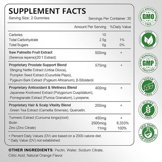 Saw Palmetto for Men Gummies, Extra Strength DHT Blocker for Men, with Pumpkin Seed Oil & Biotin, Support Prostate, Urinary Health & Hair Growth, Hormone Balance, Sugar Free, Vegan, Orange Flav, 60ct