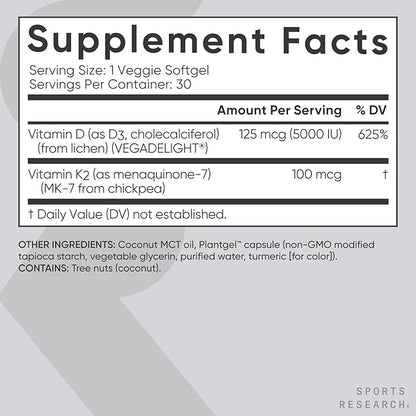 Sports Research® Vitamin D3 + K2 w/Coconut Oil - Vegan Vitamin D 5000iu (125mcg) & Mk7 Vitamin K 100mcg for Bone & Immune Support - Vegan Certified · Non-GMO · Soy Free - 30 Softgels